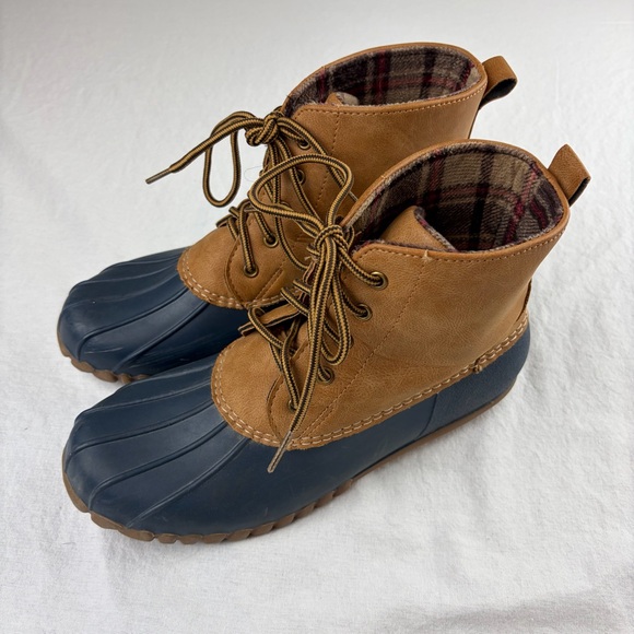 Henry Ferrera Women’s Tan Navy Faux Leather Lace Up Duck Boots sz. 8 - Picture 2 of 13
